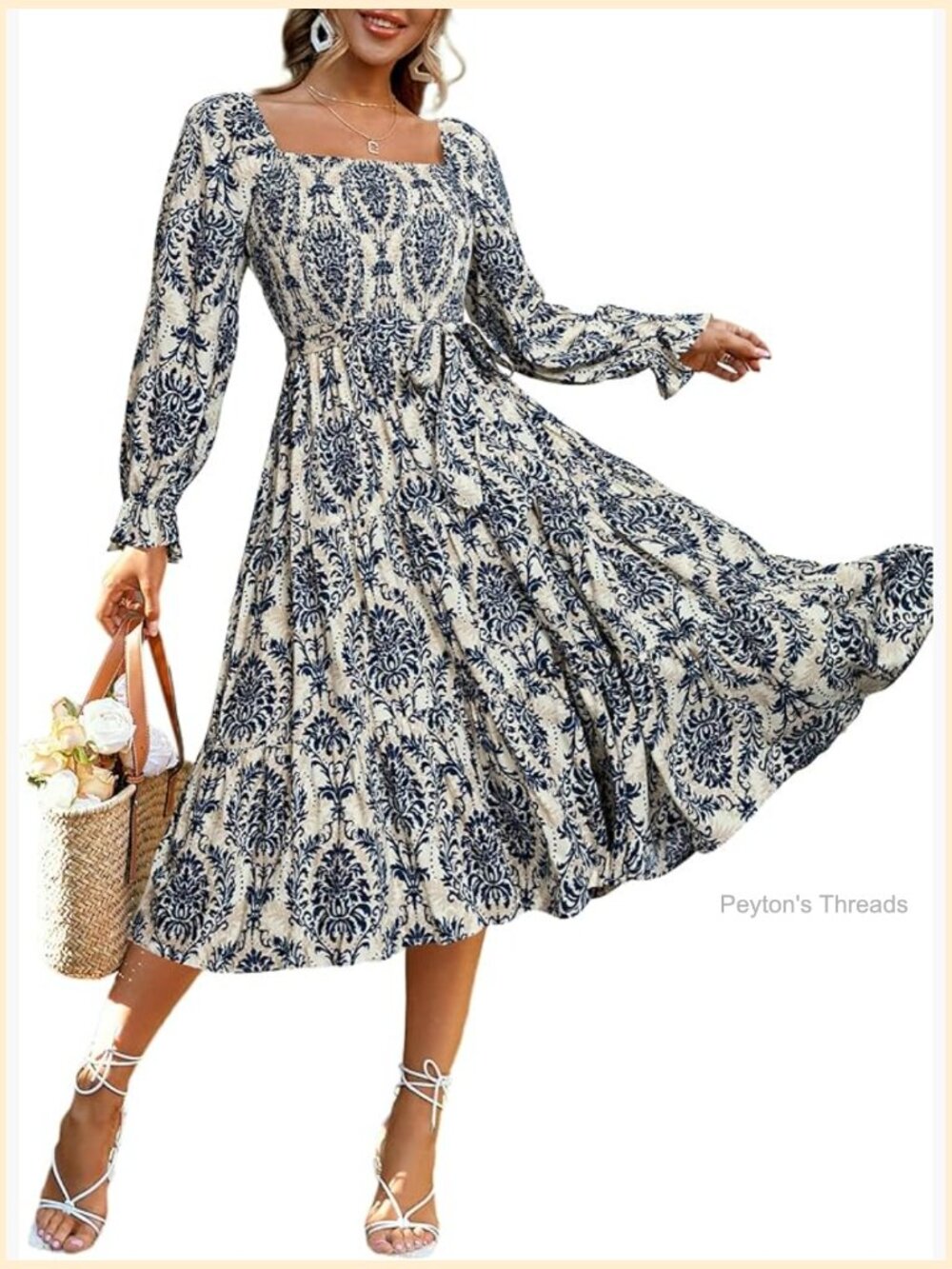 Long Sleeve Maxi Dress Square Neck Smocked Flowy Tiered Wedding Guest - Picture 1 of 7